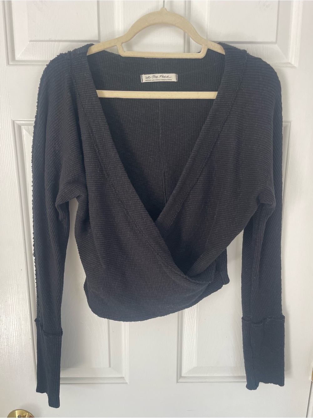 We The Free Black Ribbed Wrap V-Neck Sweater